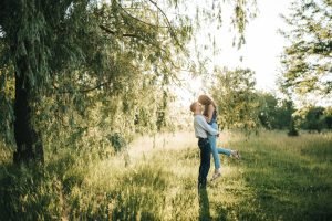 Engaged couple looking at each other