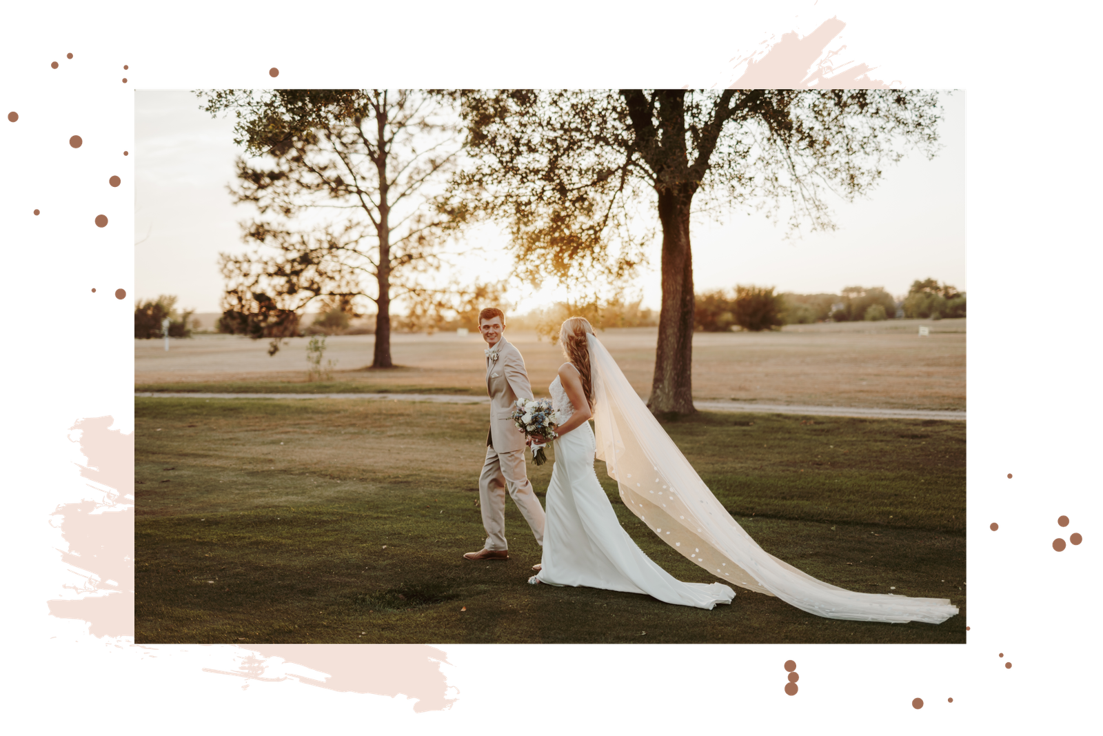 Bride and groom walking on a golf course