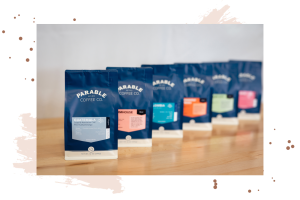 Product photo of coffee bags lined up with the first in focus
