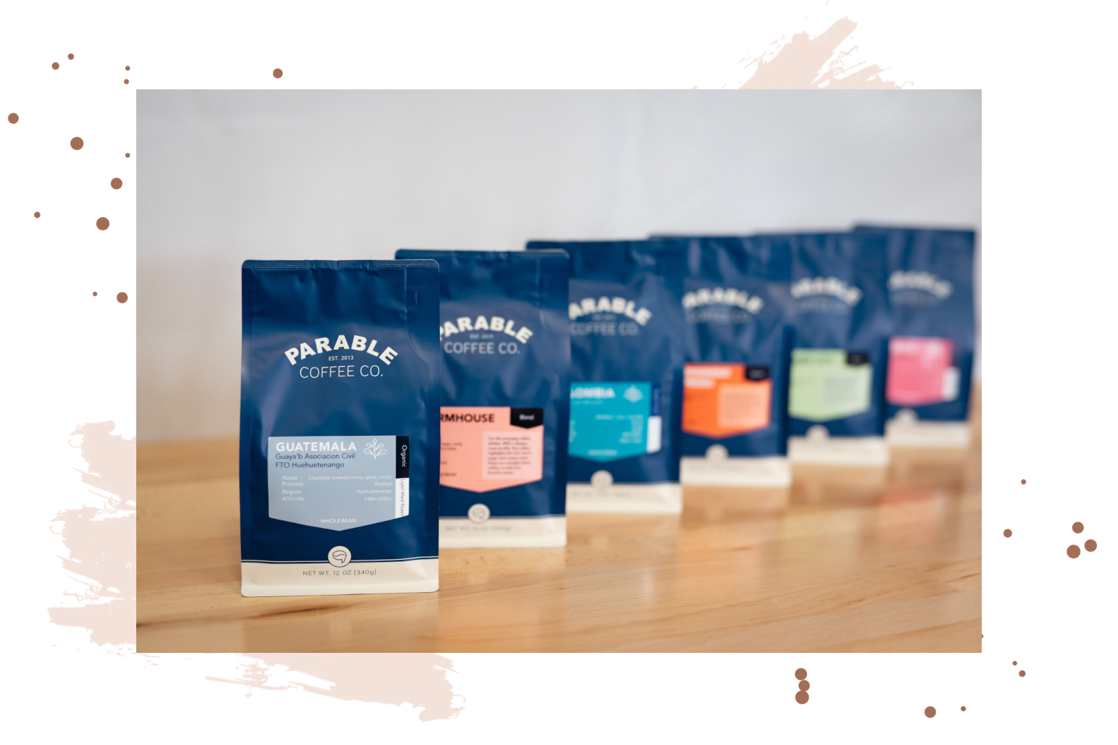 Product photo of coffee bags lined up with the first in focus