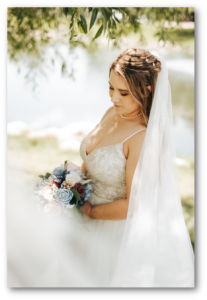 Wedding photography of bride looking down at bouquet