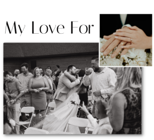 Collage of wedding photos with couple kissing and a detail photo