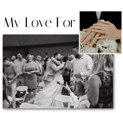 Collage of wedding photos with couple kissing and a detail photo