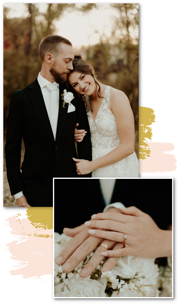 Wedding couple and close up of rings