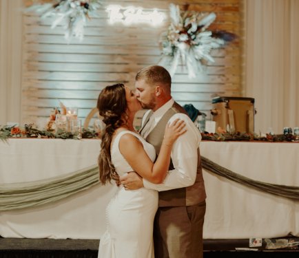 Wedding couple kissing at reception