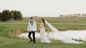 Wedding couple walking together