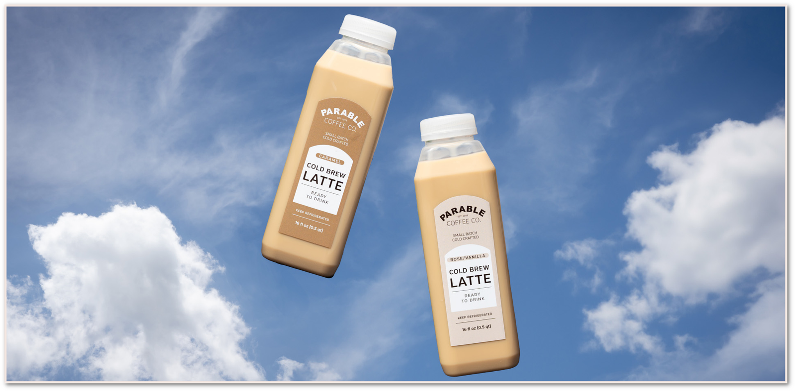 Product photo of bottles of coffee in the sky